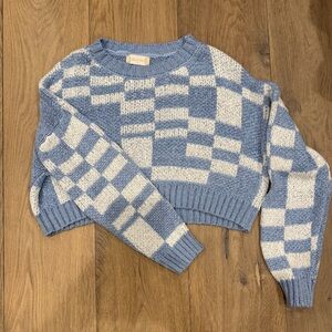 Altar'd State Blue and Cream Checker Cropped Crew Sweater